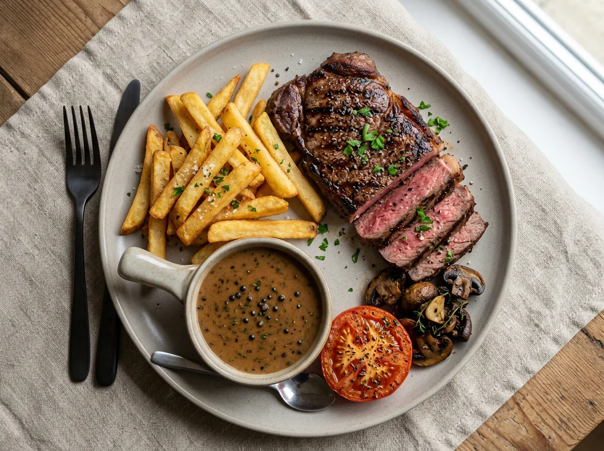Steak and Chips with Peppercorn Sauce photo
