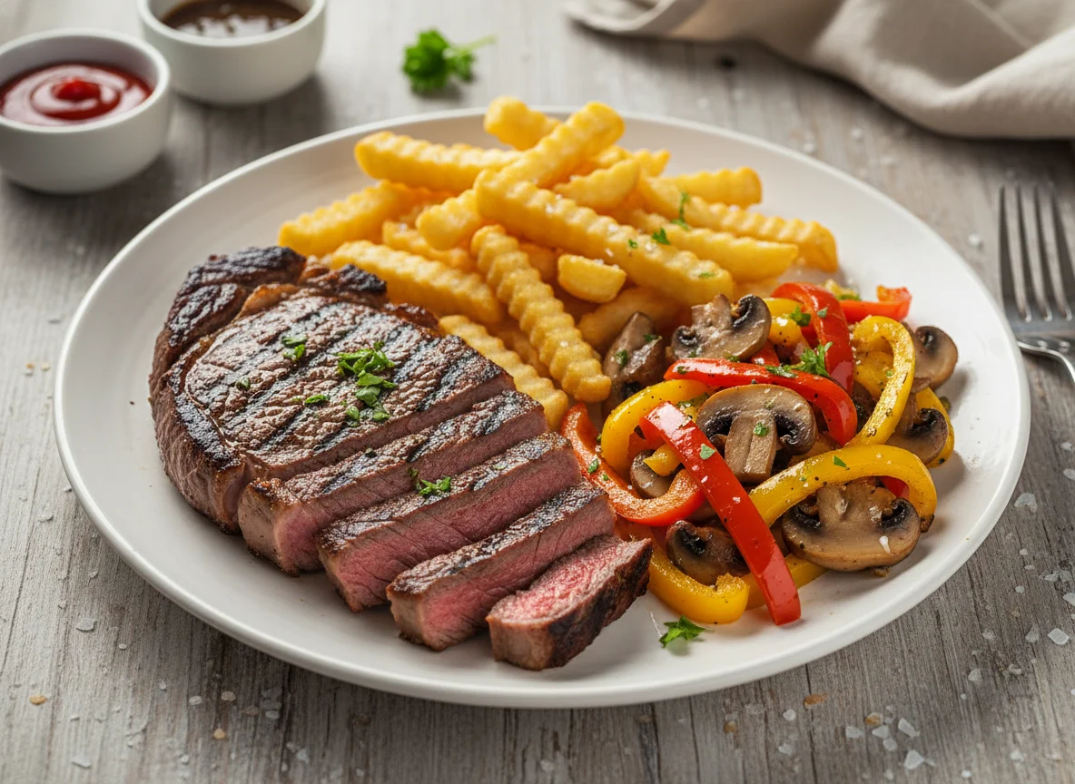 Steak and Chips with Sautéed Vegetables photo