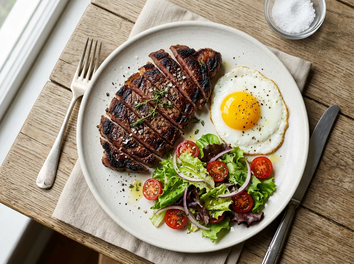 Steak and Egg with Salad photo