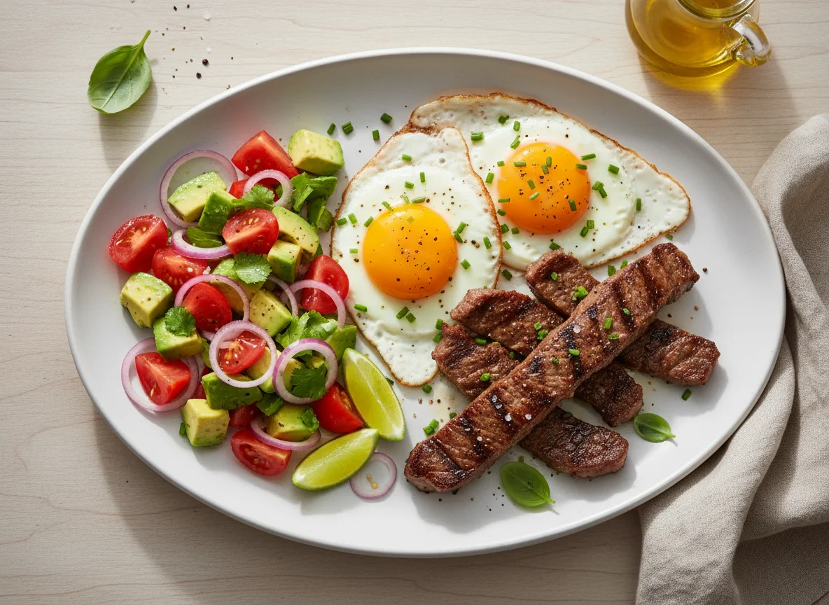 Steak and Eggs with Tomato Avocado Salad photo