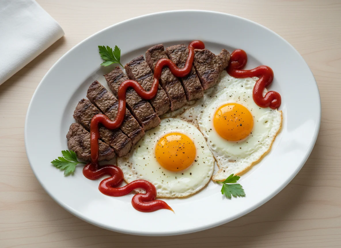 Steak and Fried Eggs with Ketchup photo
