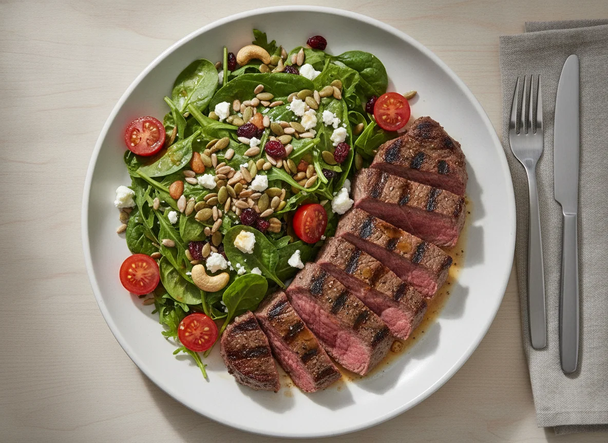 Steak and Mixed Green Salad with Seeds and Nuts photo