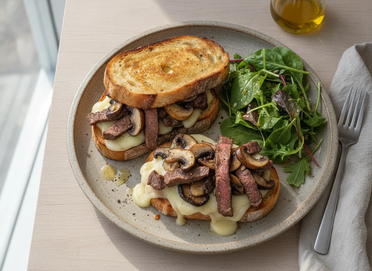 Steak and Mushroom Sandwich with Side Salad photo