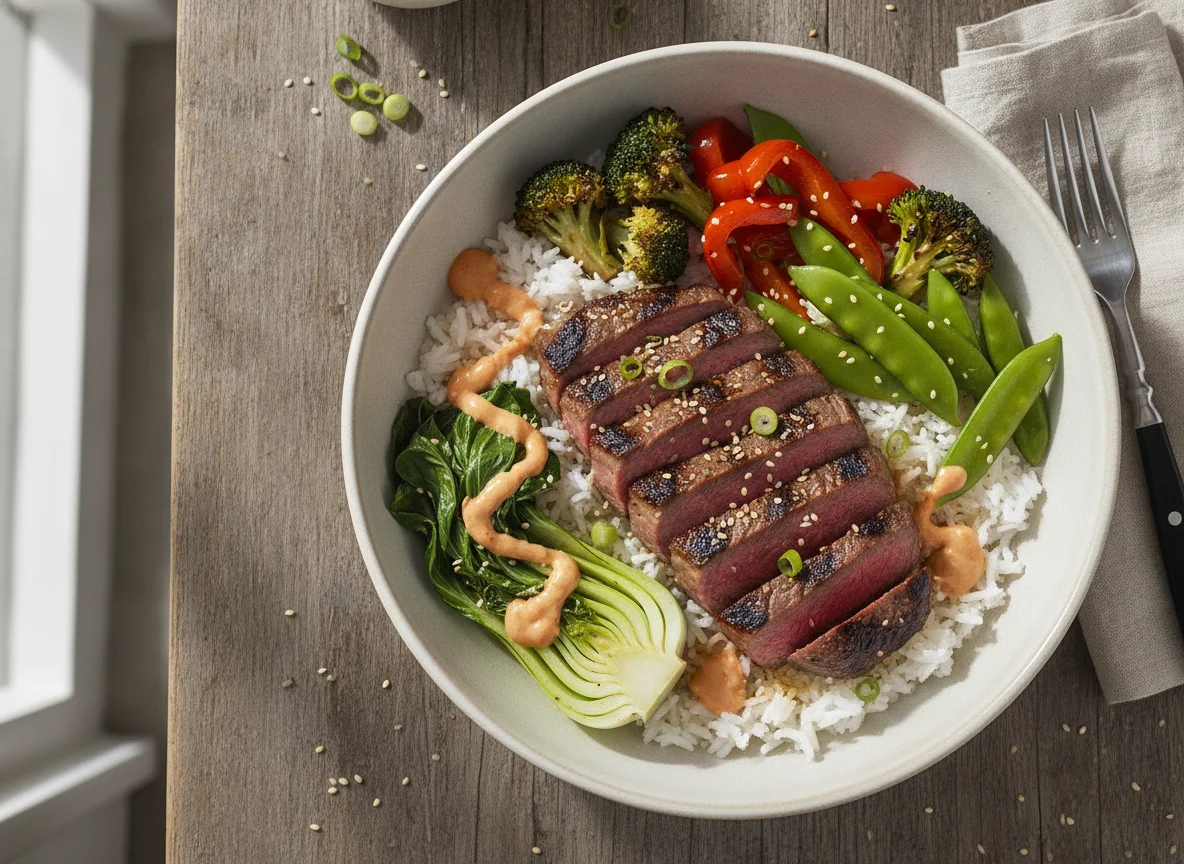 Steak and Rice Bowl with Vegetables photo