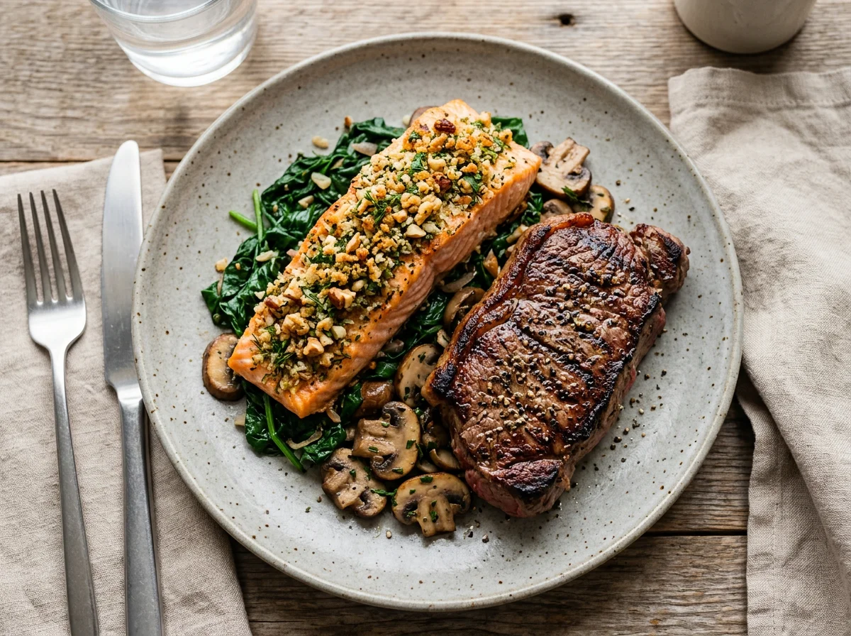 Steak and Salmon with Spinach and Mushrooms photo
