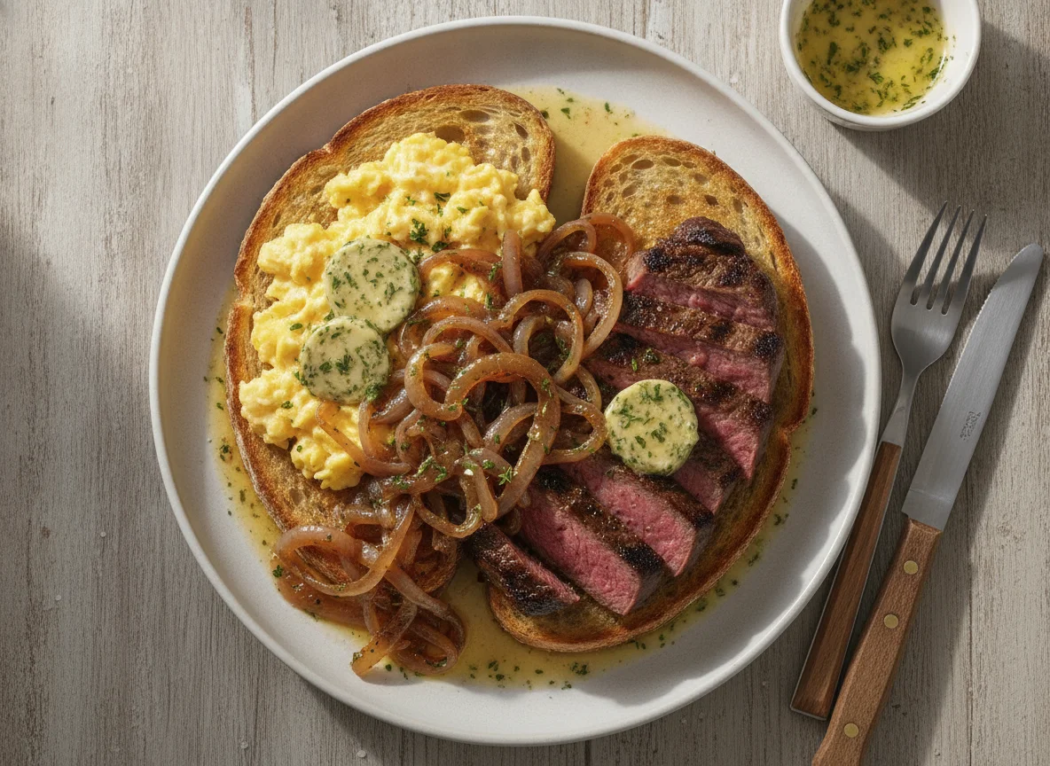Steak and Scrambled Eggs on Toast with Caramelised Onions photo