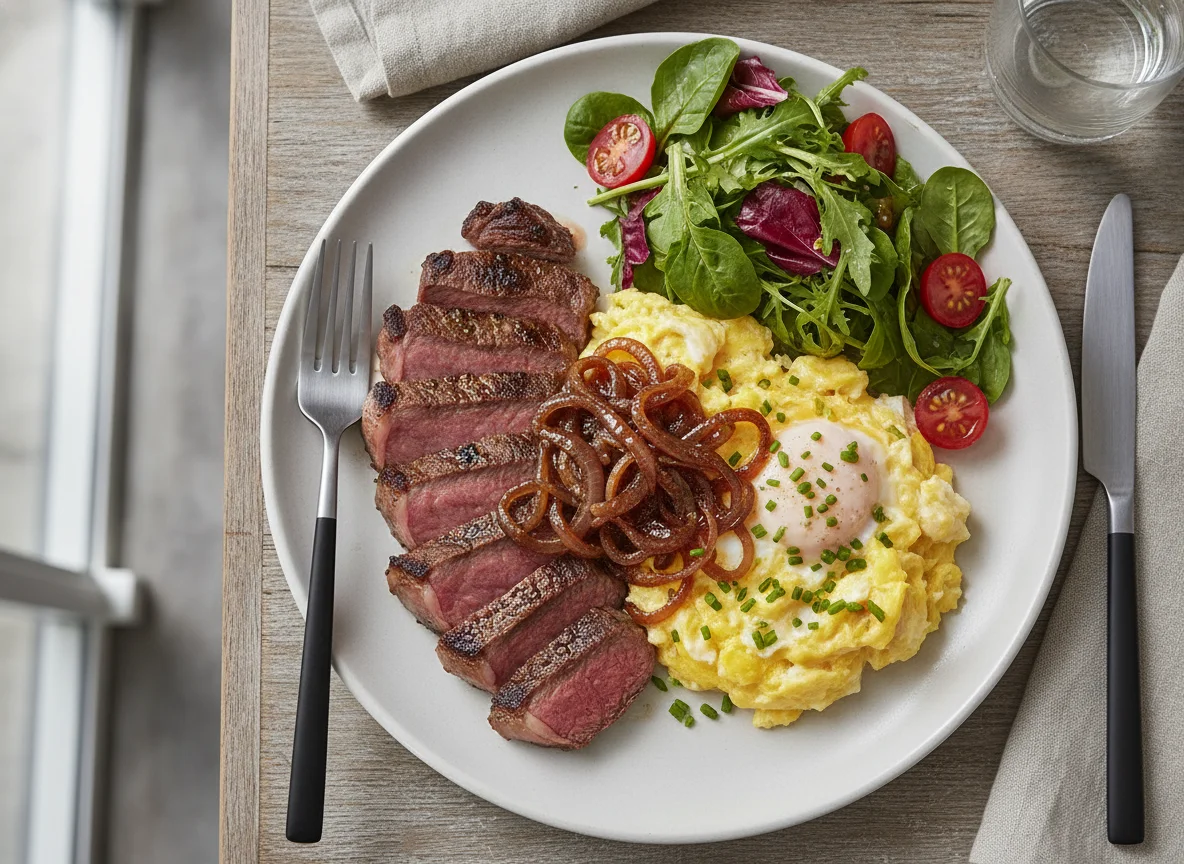 Steak and Scrambled Eggs with Caramelised Onions photo