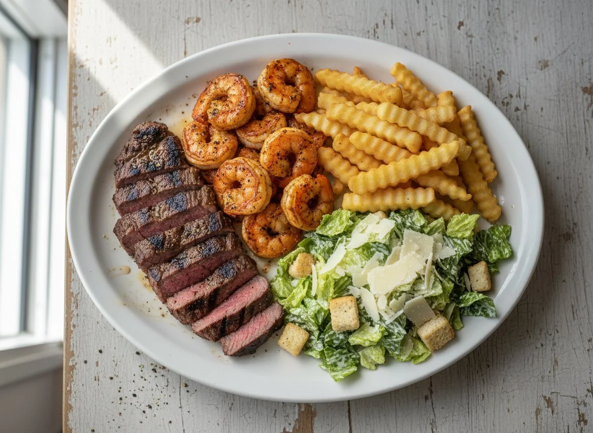 Steak and Shrimp with Fries and Caesar Salad photo