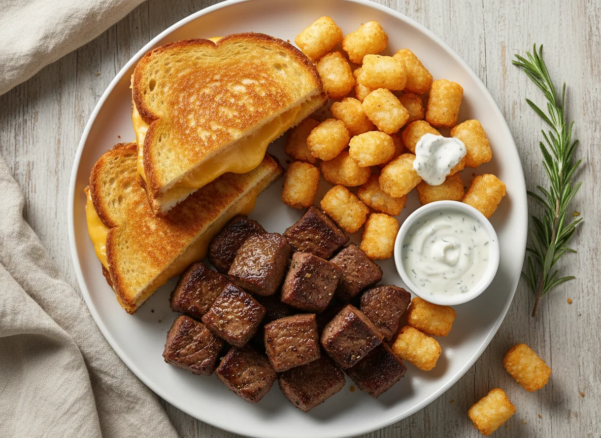Steak Bites with Grilled Cheese and Tater Tots photo