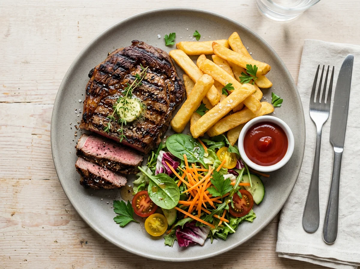Steak, Chips and Salad photo