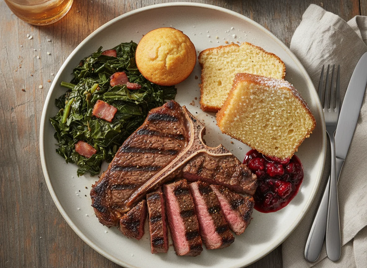Steak, Collard Greens, and Cake Meal photo