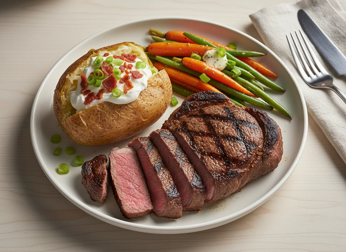 Steak Dinner with Baked Potato and Vegetables photo