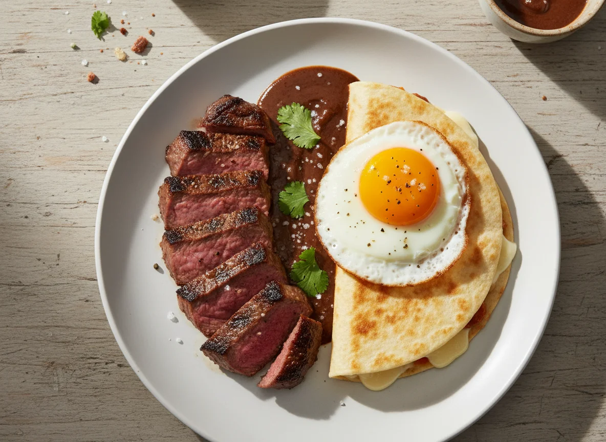 Steak, Egg, and Quesadilla with Sauce photo