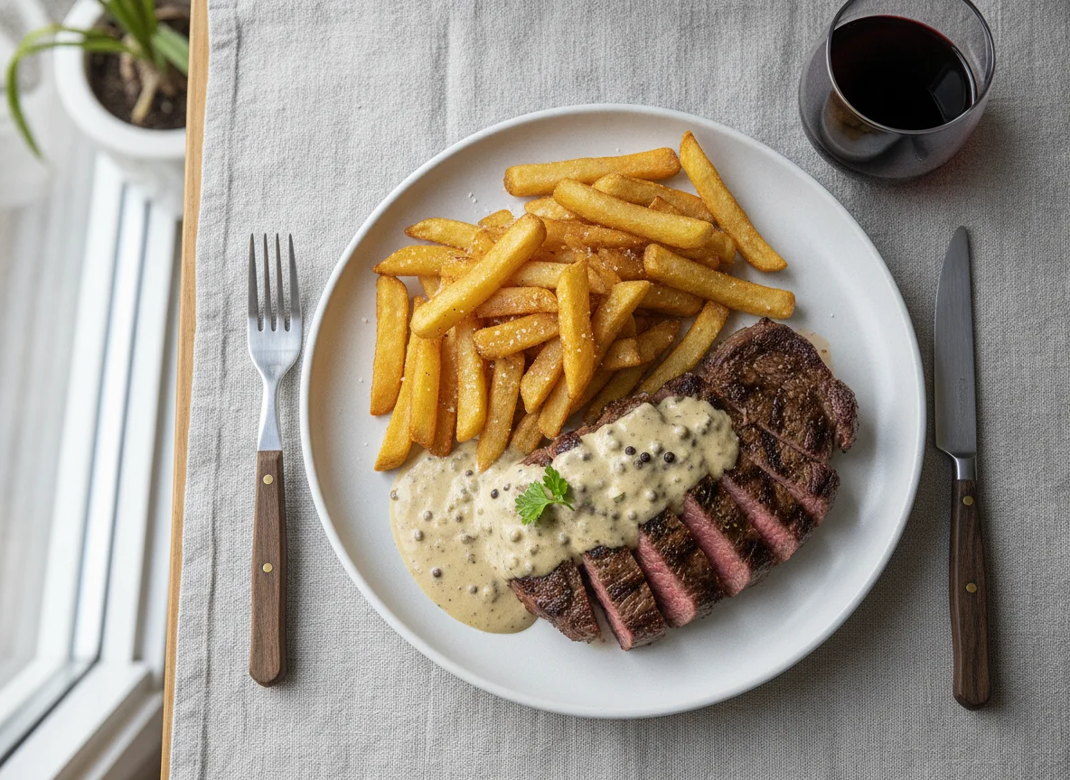 Steak Frites with Peppercorn Sauce photo