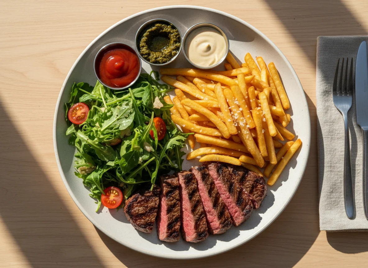 Steak Frites with Salad and Sauces photo