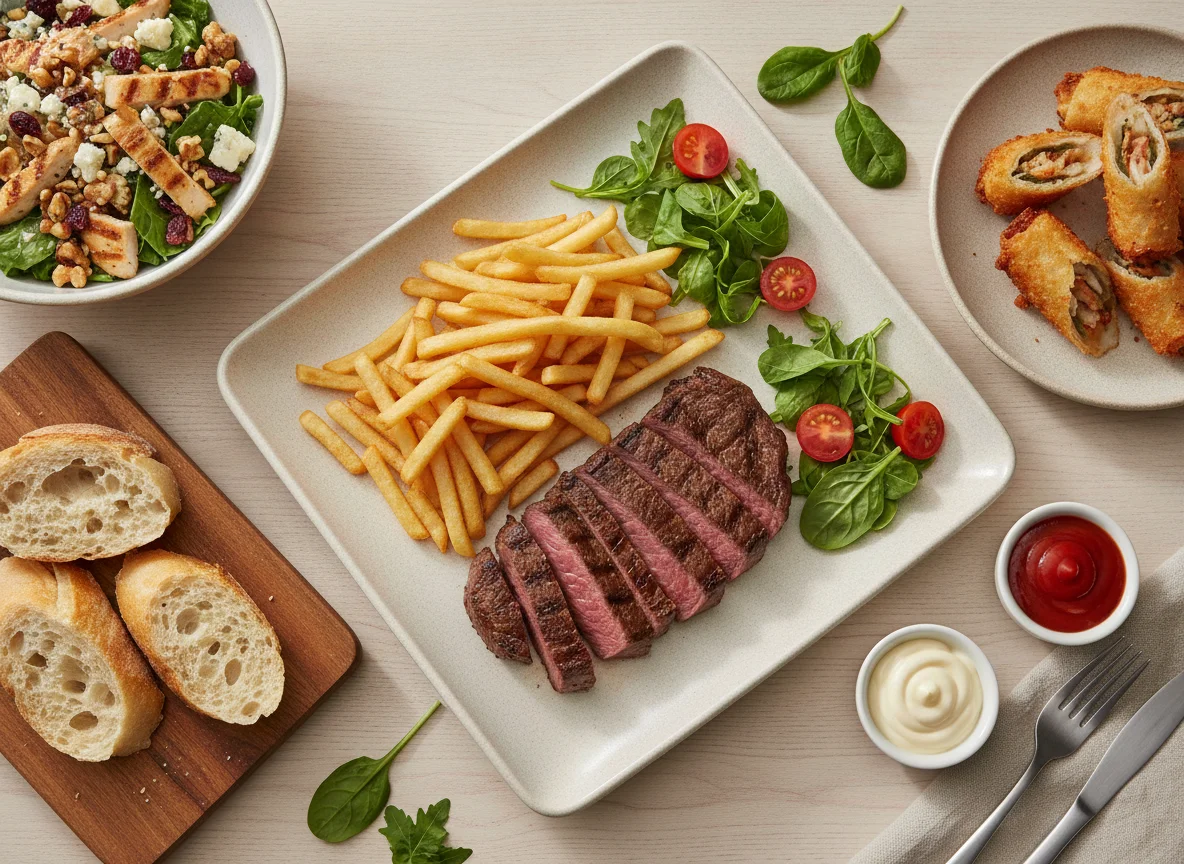 Steak frites with shrimp rolls and chicken salad photo
