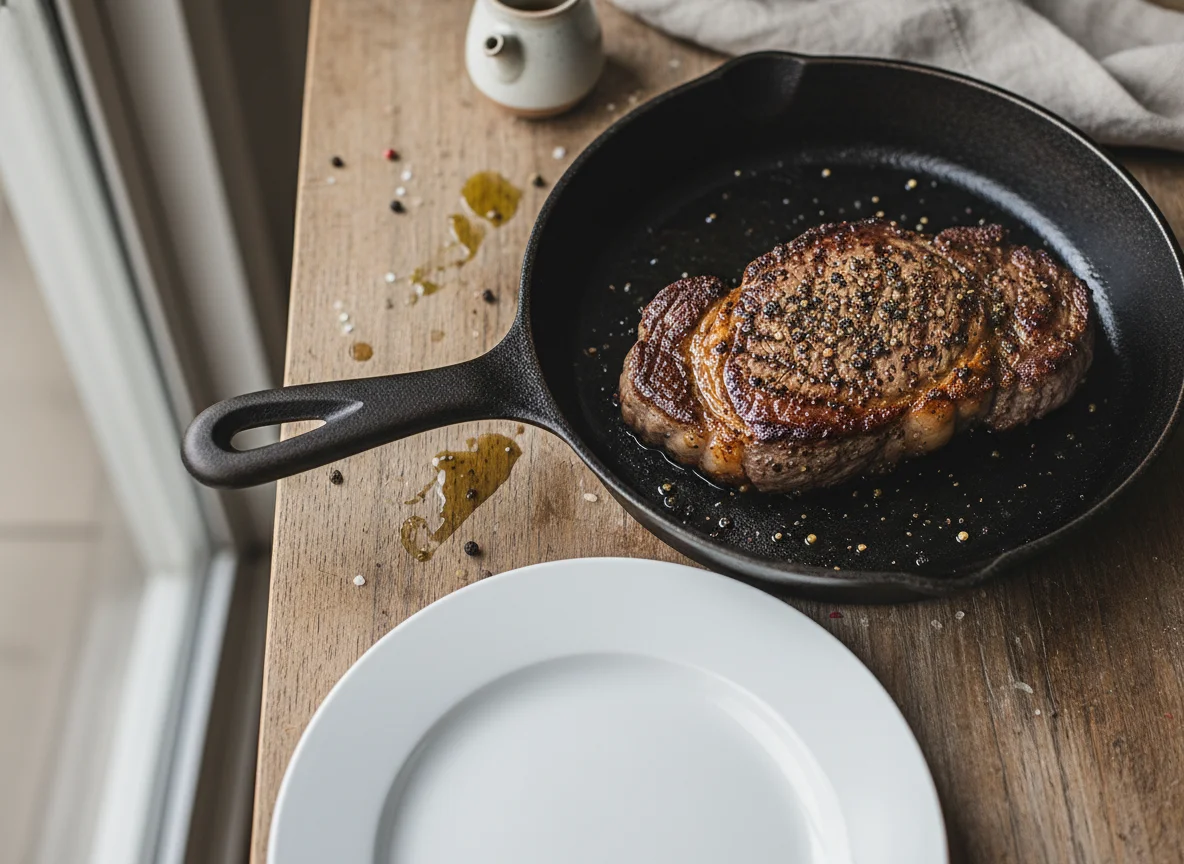 Steak in pan photo