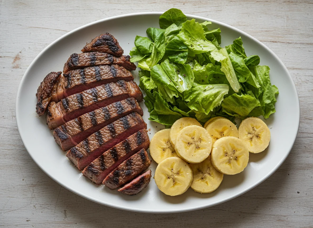 Steak, Lettuce Salad, and Boiled Plantain photo