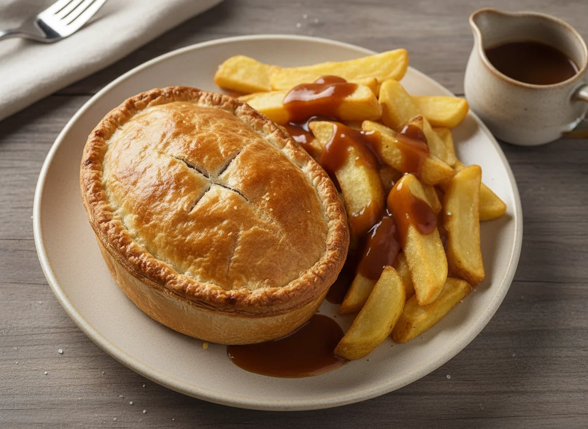 Steak Pie with Chips and Gravy photo
