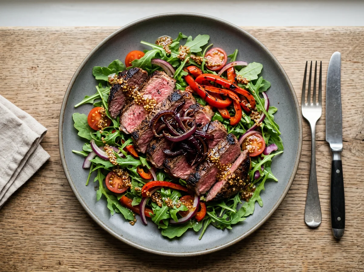 Steak Salad with Caramelised Onions and Mustard Dressing photo