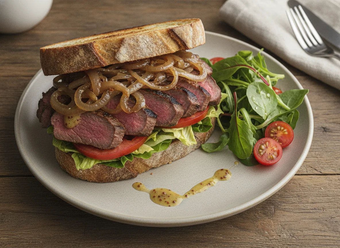 Steak Sandwich with Caramelised Onions and Salad photo
