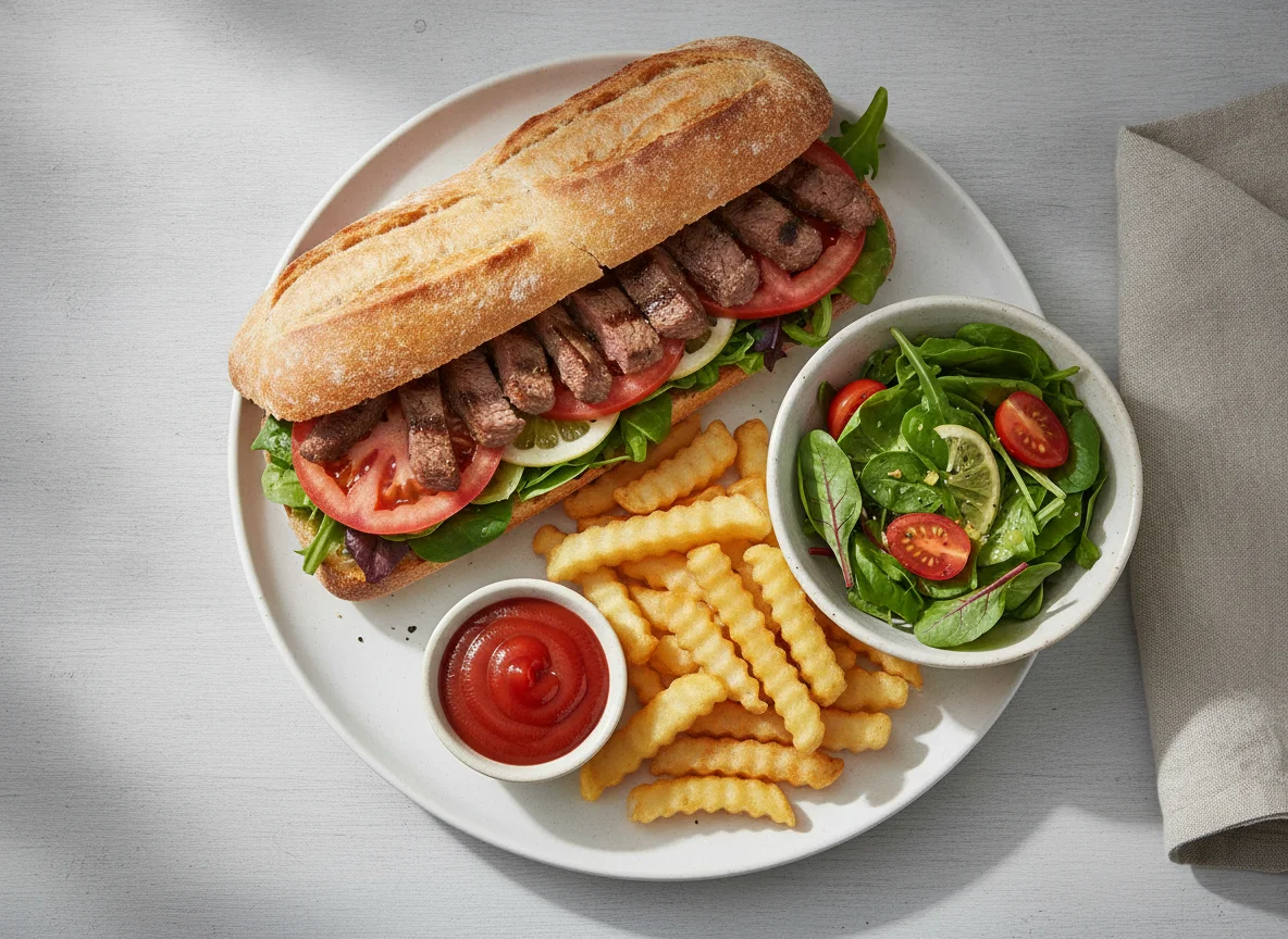 Steak Sandwich with Fries and Salad photo