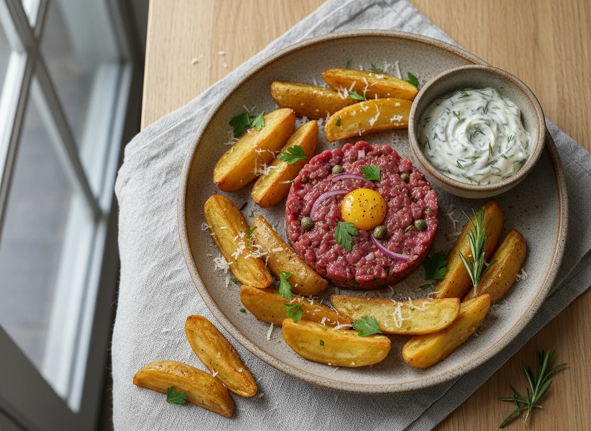 Steak Tartare with Potato Wedges and Tartar Sauce photo