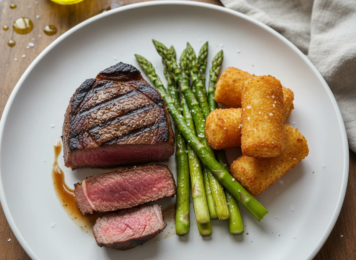 Steak with Asparagus and Croquette photo