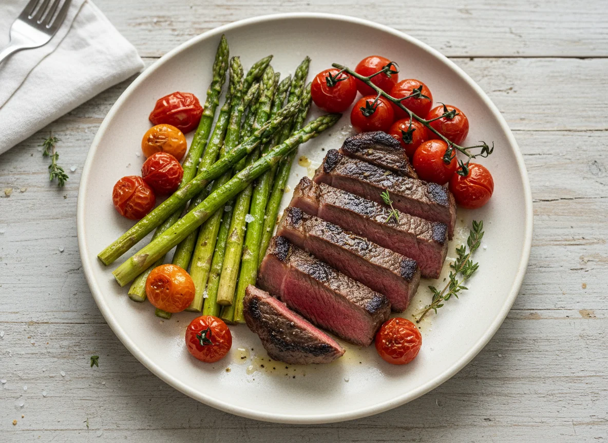 Steak with Asparagus and Roasted Tomato photo