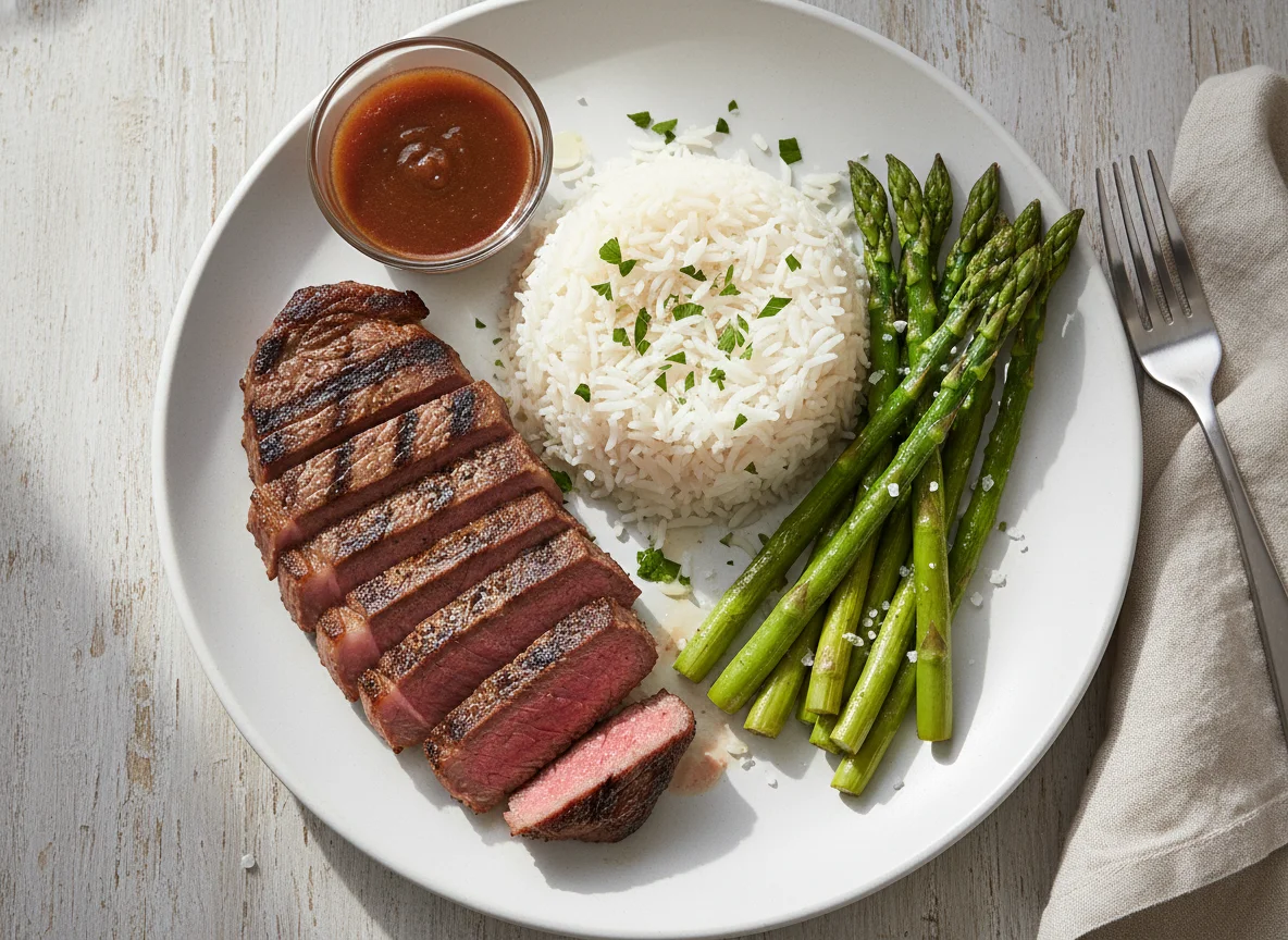 Steak with Asparagus and White Rice photo