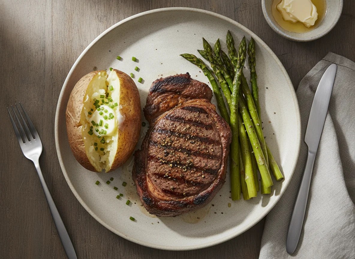 Steak with Baked Potato and Asparagus photo
