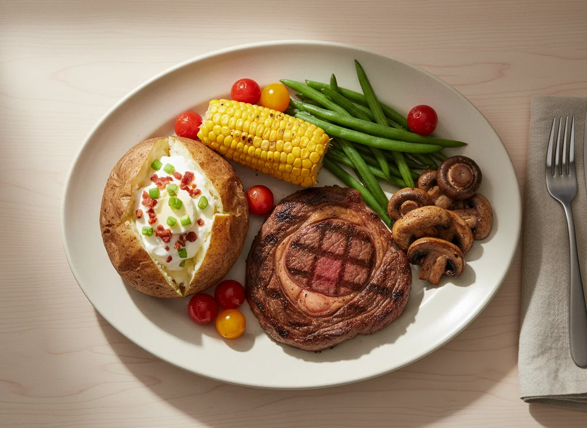 Steak with Baked Potato and Sides photo