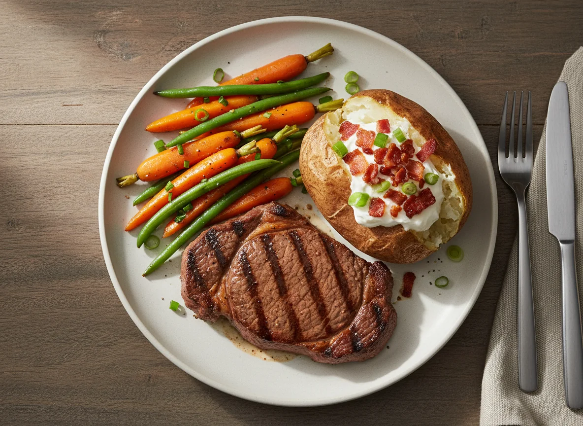 Steak with Baked Potato and Vegetables photo