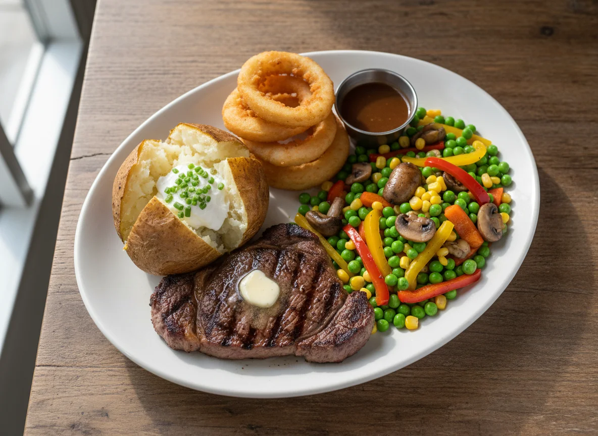 Steak with Baked Potato, Vegetables, and Onion Rings photo