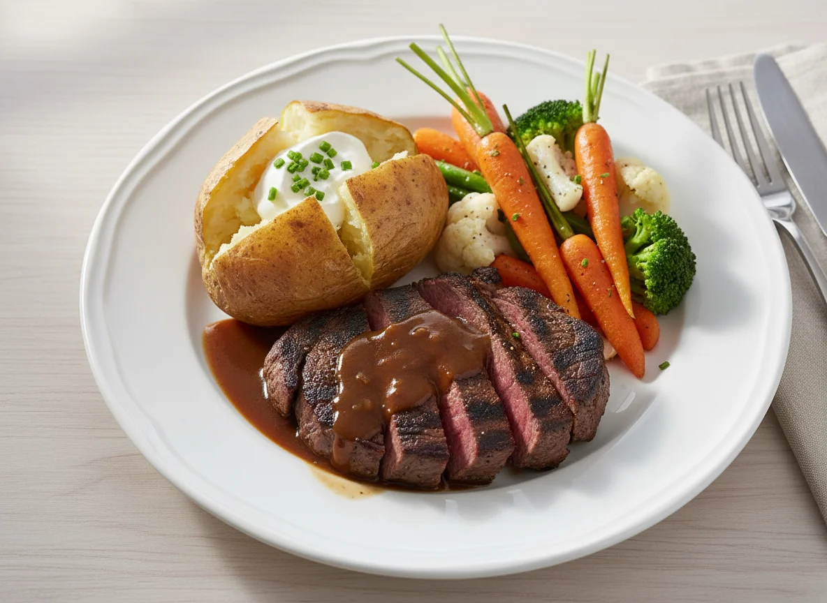 Steak with Baked Potatoes and Mixed Vegetables photo