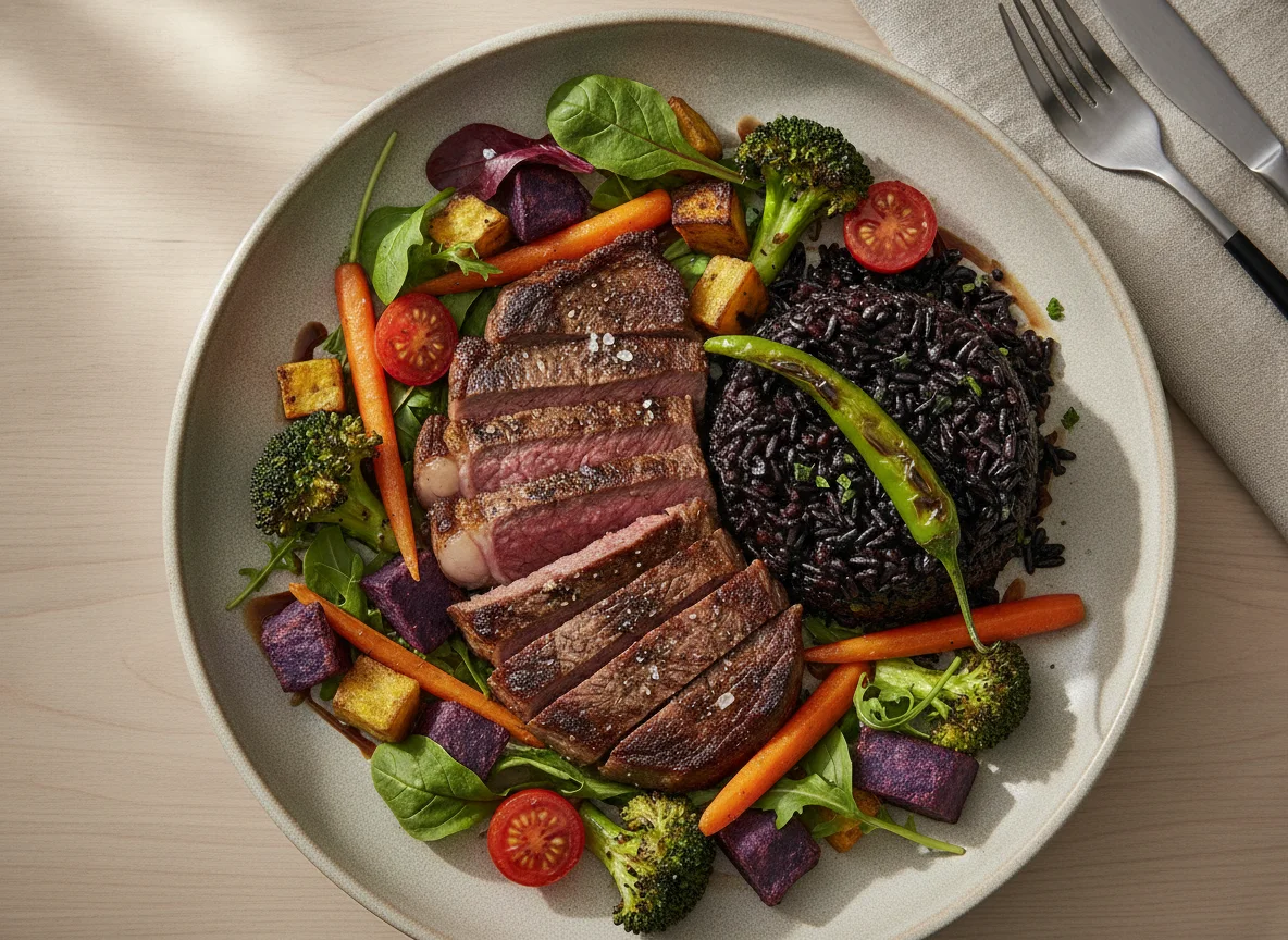 Steak with Black Rice and Mixed Vegetables photo