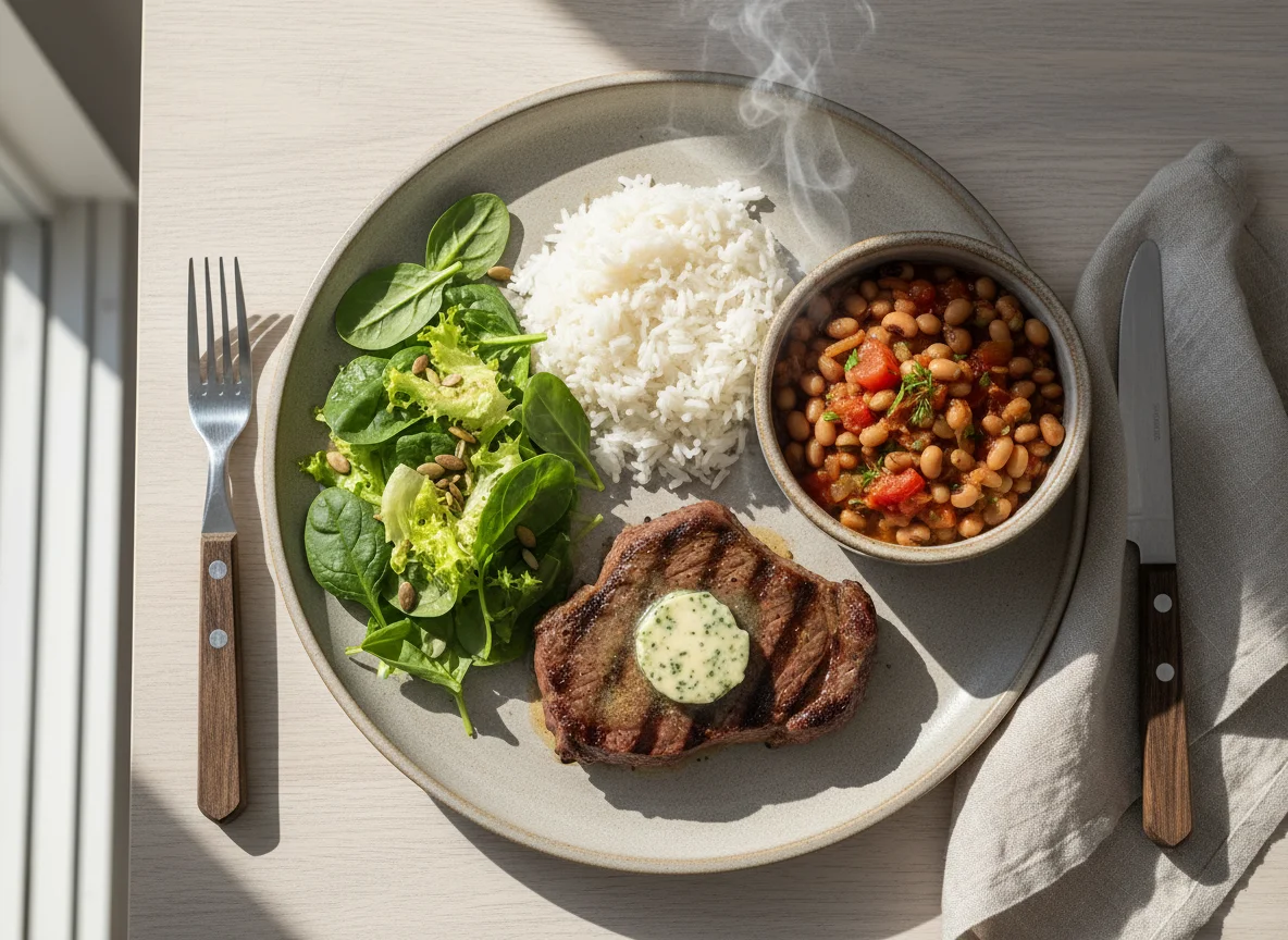 Steak with Black-Eyed Peas and Spinach Salad photo