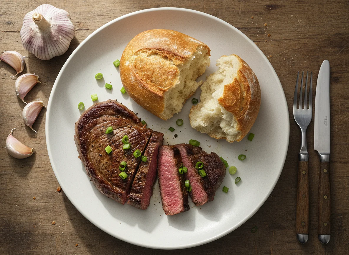 Steak with bread and garlic photo