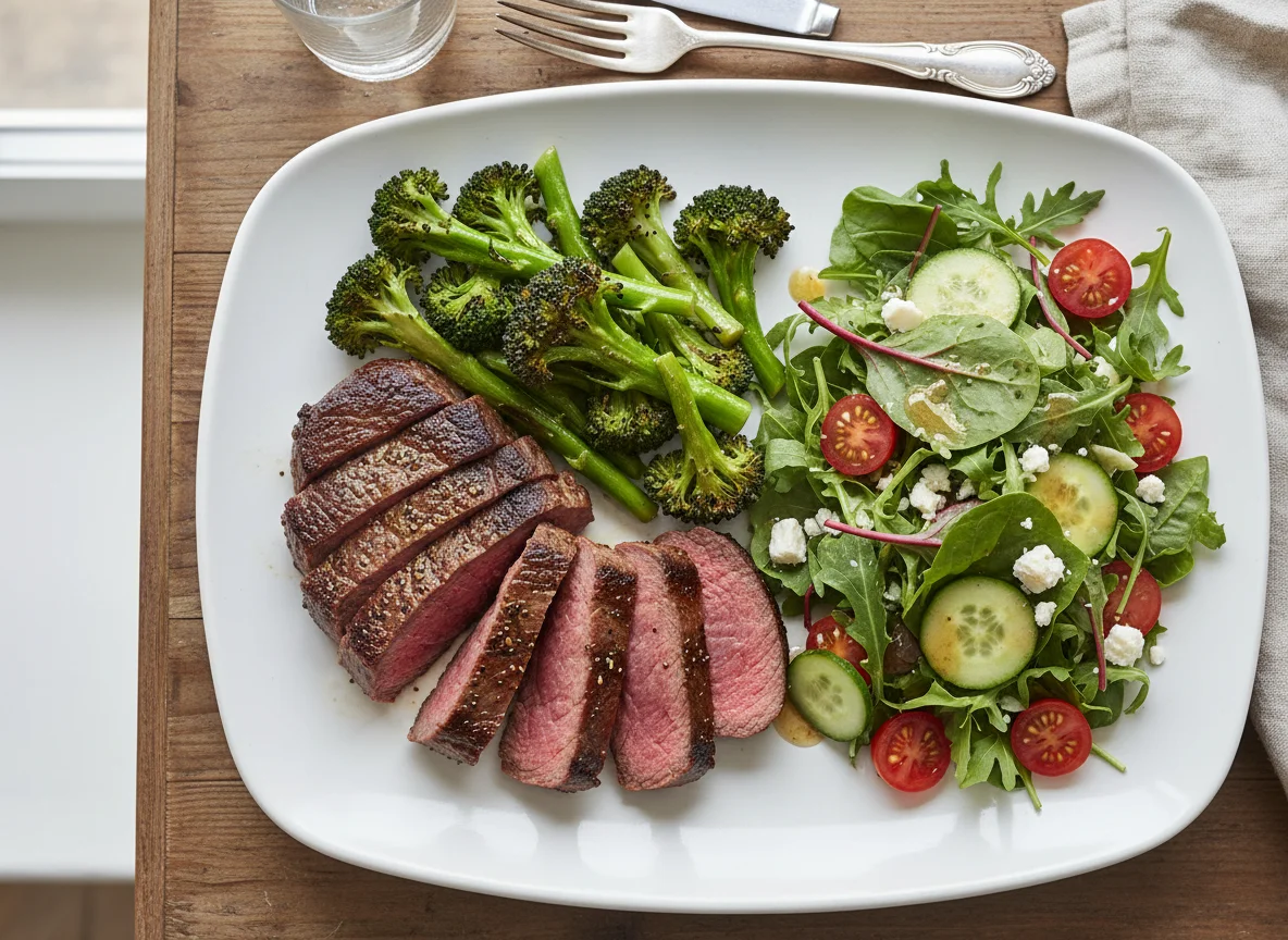 Steak with Broccoli and Side Salad photo