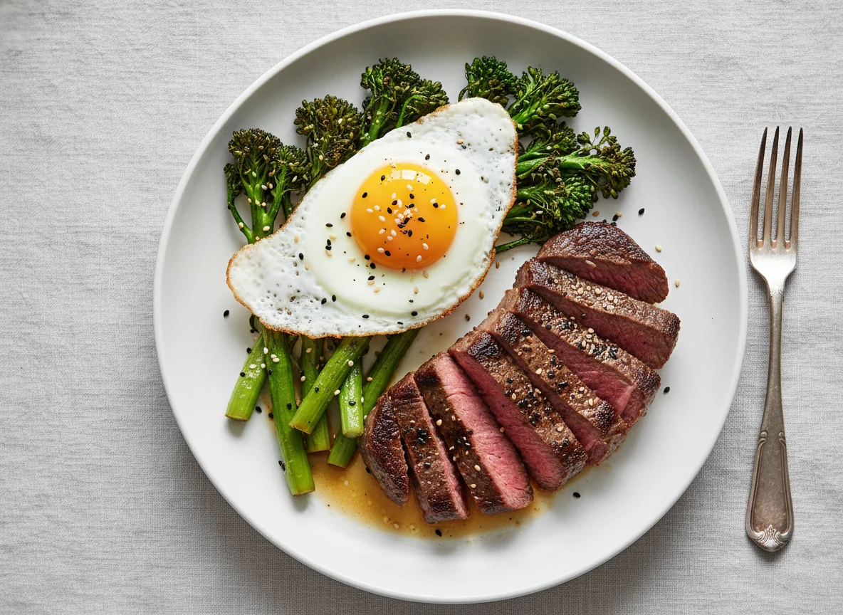 Steak with Broccolini and Fried Egg photo