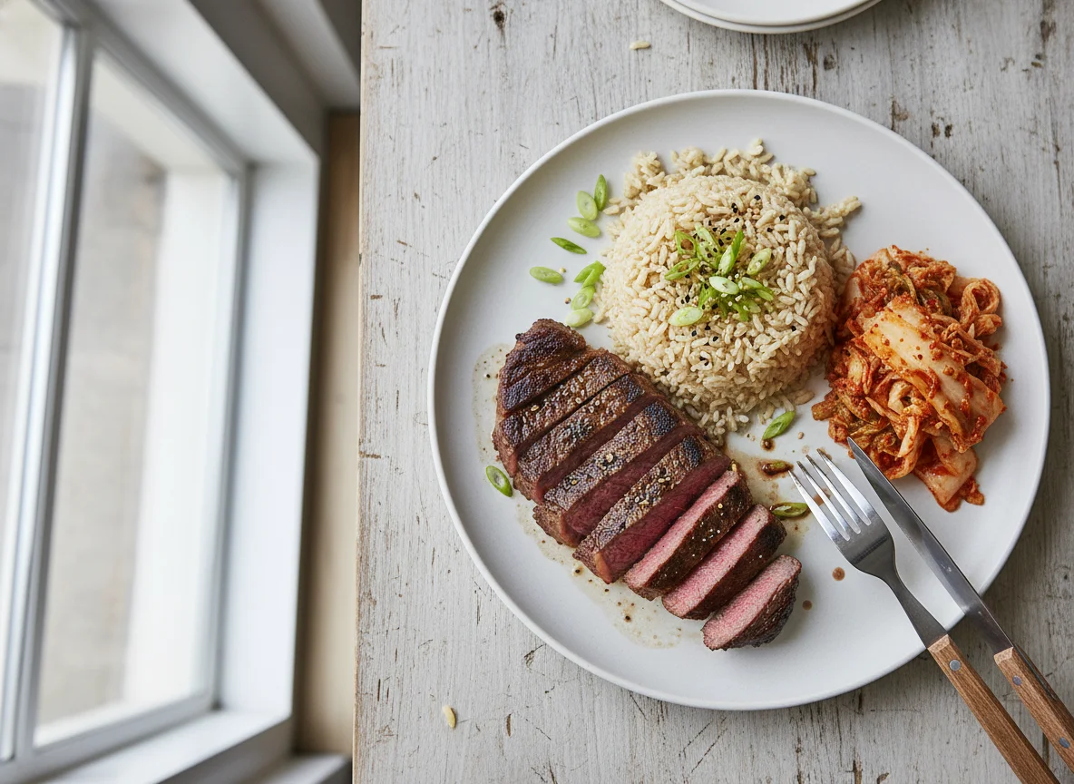 Steak with Brown Rice and Kimchi photo