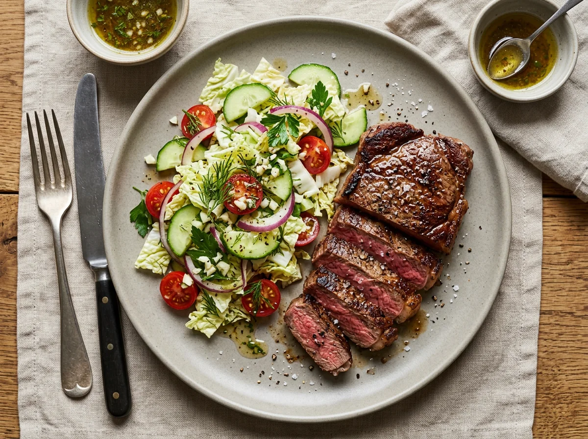 Steak with Cabbage and Vegetable Salad photo
