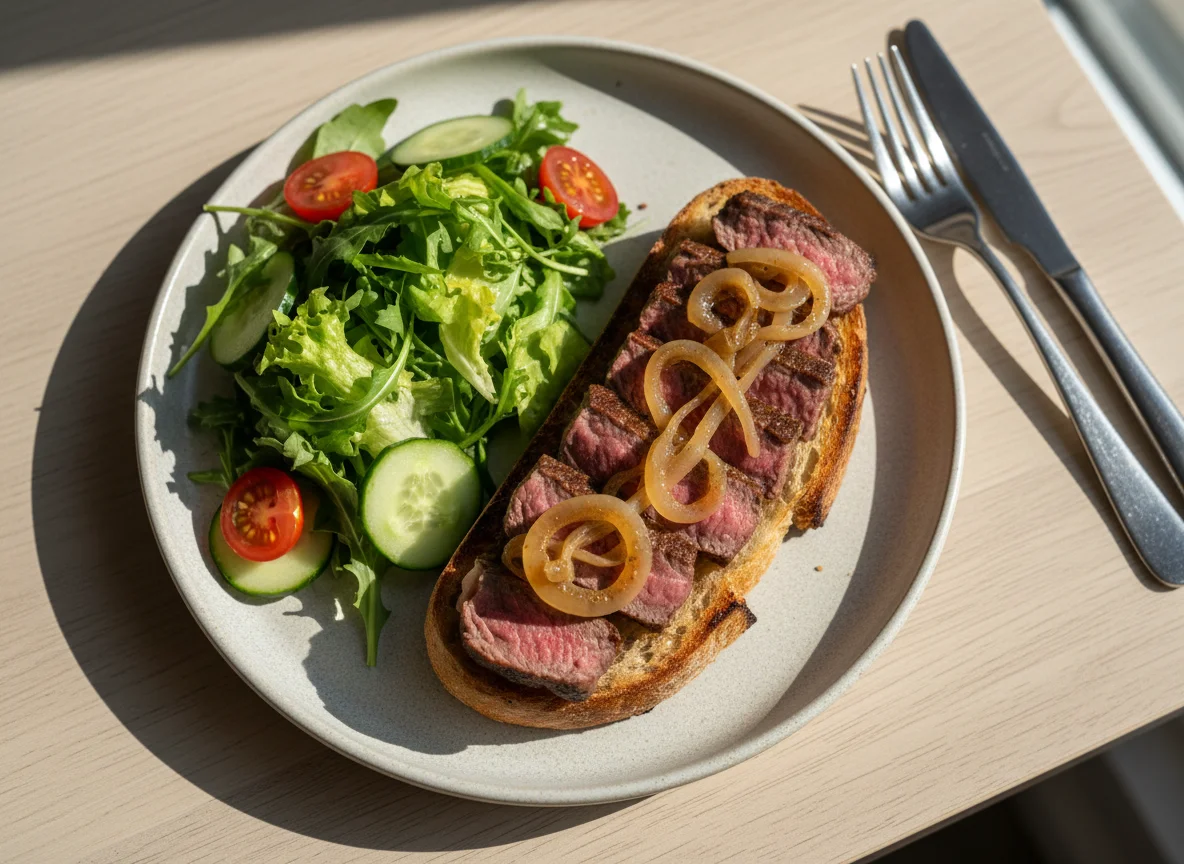 Steak with Caramelized Onions on Toast photo