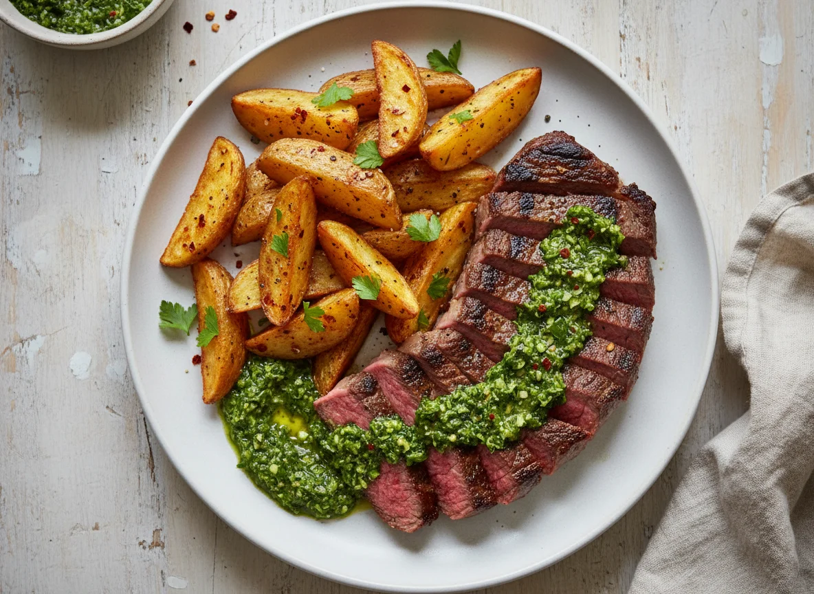 Steak with Chimichurri and Potato Wedges photo
