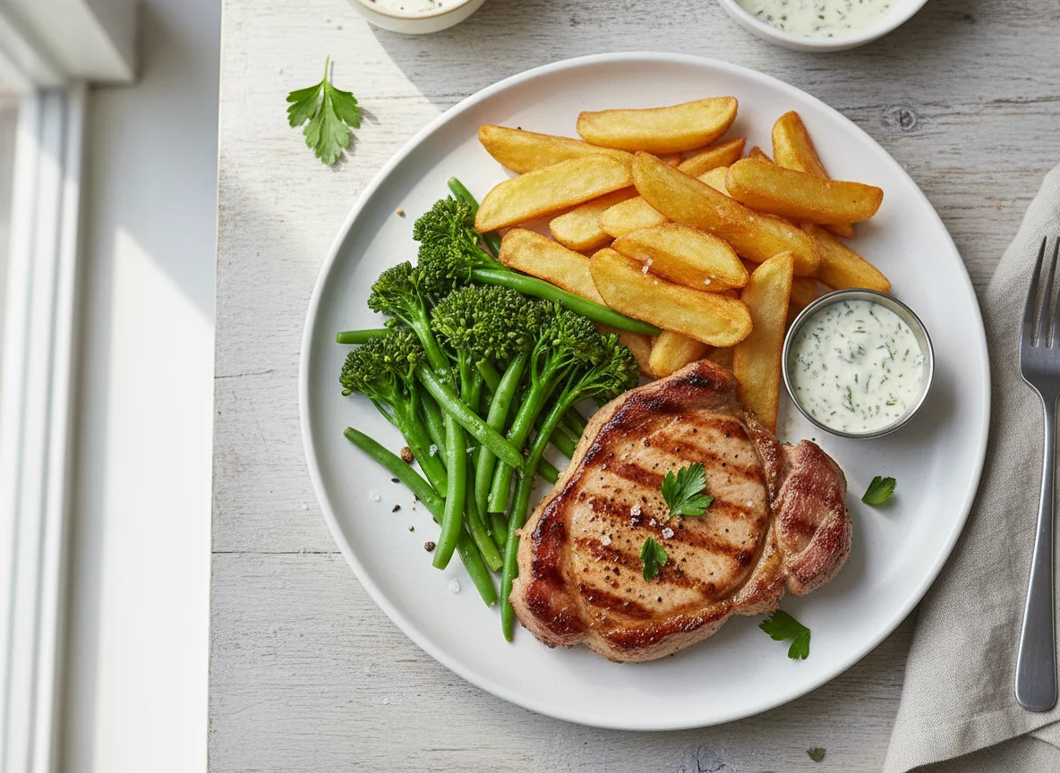 Steak with Chips and Greens photo
