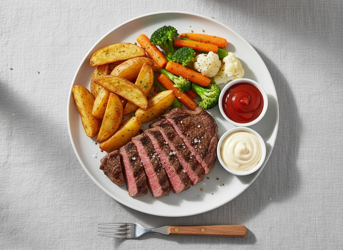 Steak with Chips and Mixed Vegetables photo