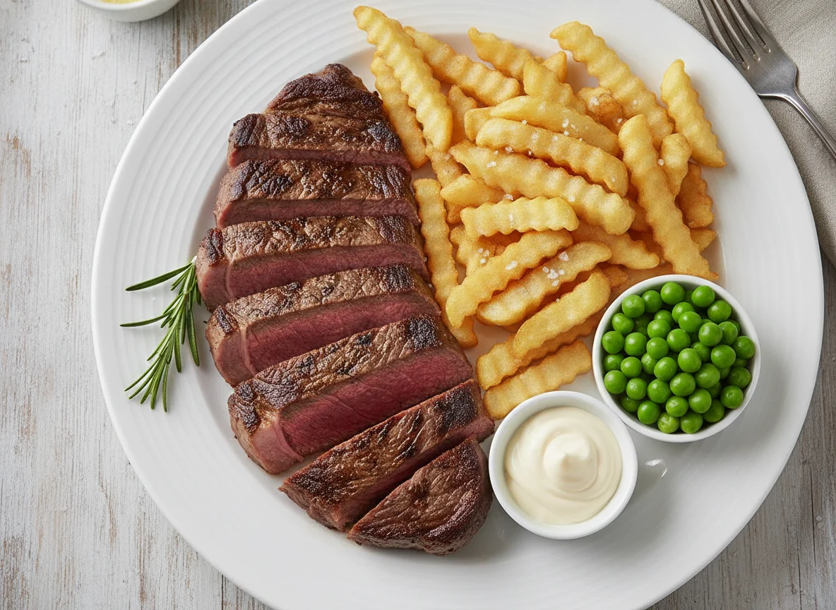 Steak with chips and peas photo