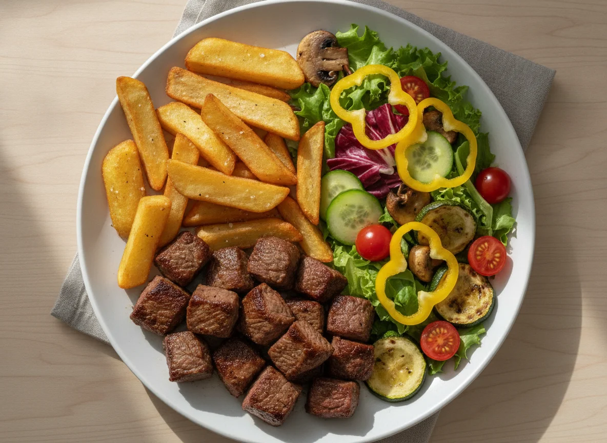 Steak with chunky chips and mixed salad photo