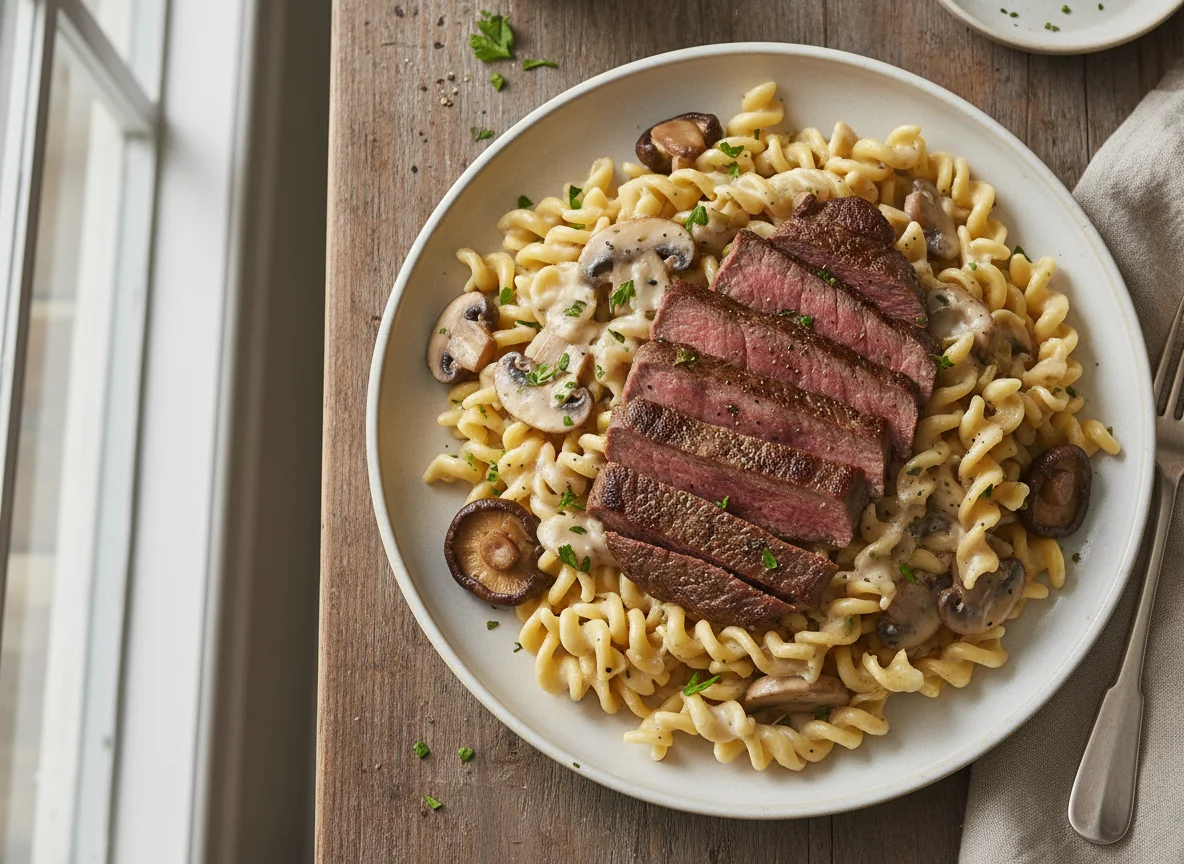 Steak with Creamy Noodles and Mushrooms photo