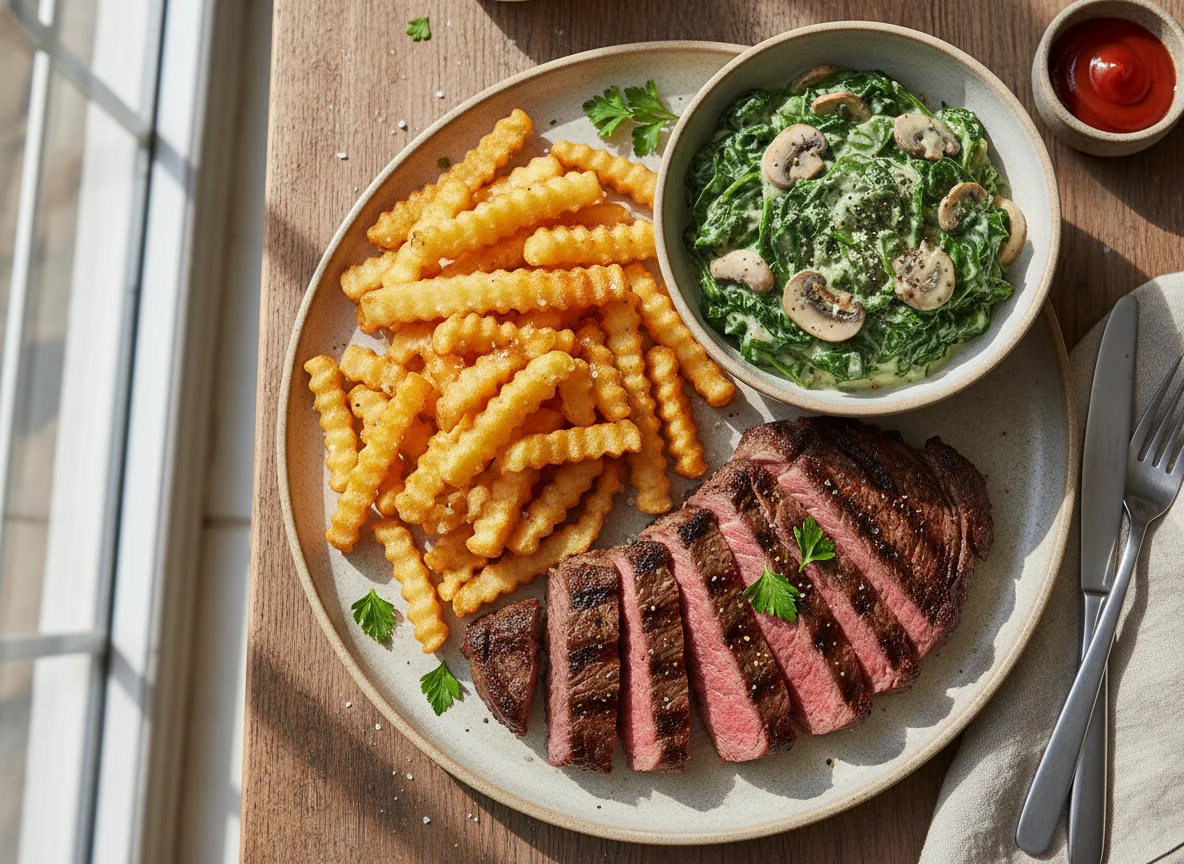 Steak with Crinkle Cut Fries and Creamed Spinach photo